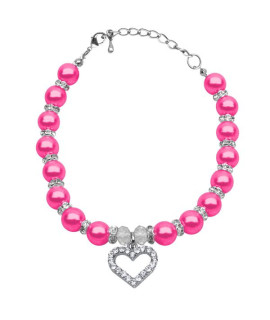 Heart and Pearl Dog Necklace - Bright Pink